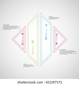 Illustration infographic template. Rhombus square motif. Divided cut to four color parts. Each part from double outline contour. Parts with sample text, sign and number. Light gradient background.