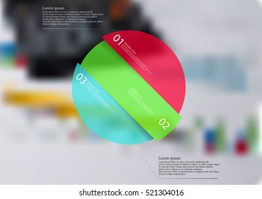 Illustration infographic template with rounded motif, askew divided to three color pieces. Each item contains number and text. Background is created by blurred photo with financial motif.