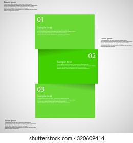 Illustration infographic template with shape of bar which is cut or divided to three separate parts with green colors. Each piece contains unique number and space for text. All is on light.
