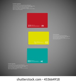 Illustration infographic template with shape of bar. Object horizontally divided to three shifted parts with various color. Each part contains Lorem Ipsum text, number and sign. Background is dark.