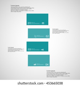Illustration infographic template with shape of bar. Object horizontally divided to four shifted parts with blue color. Each part contains Lorem Ipsum text, number and sign. Background is light.