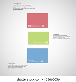 Illustration infographic template with shape of bar. Object horizontally divided to three shifted parts with various color. Each part contains Lorem Ipsum text, number and sign. Background is light.