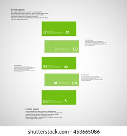 Illustration infographic template with shape of bar. Object horizontally divided to five shifted parts with green color. Each part contains Lorem Ipsum text, number and sign. Background is light.