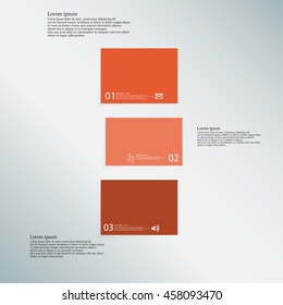 Illustration infographic template with shape of bar. Object askew divided to three parts with orange color. Each part contains Lorem Ipsum text, number and sign. Background is light blue.