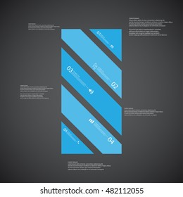 Illustration infographic template with shape of bar. Square askew divided to five parts with blue colors. Each part contains Lorem Ipsum text, number and sign. Background is dark.