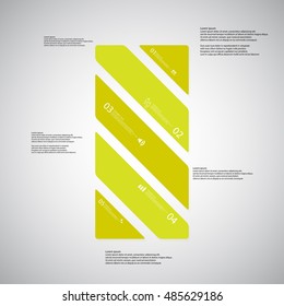 Illustration infographic template with shape of bar. Square askew divided to five parts with green colors. Each part contains Lorem Ipsum text, number and sign. Background is light.