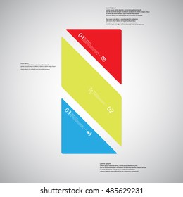 Illustration infographic template with shape of bar. Square askew divided to three parts with various colors. Each part contains Lorem Ipsum text, number and sign. Background is light.