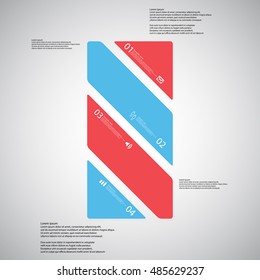 Illustration infographic template with shape of bar. Square askew divided to four parts with various colors. Each part contains Lorem Ipsum text, number and sign. Background is light.