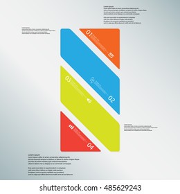Illustration infographic template with shape of bar. Square askew divided to four parts with various colors. Each part contains Lorem Ipsum text, number and sign. Background is light-blue.