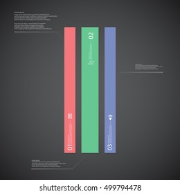 Illustration infographic template with shape of bar. Square shape vertically divided to three parts with various colors. Each part contains Lorem Ipsum text, number and sign. Background is dark.