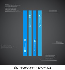 Illustration infographic template with shape of bar. Square shape vertically divided to four parts with blue colors. Each part contains Lorem Ipsum text, number and sign. Background is dark.