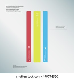 Illustration infographic template with shape of bar. Square shape vertically divided to three parts with various colors. Each part contains Lorem Ipsum text, number and sign. Background is lightblue.