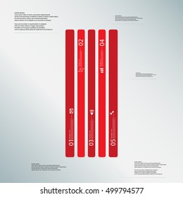 Illustration infographic template with shape of bar. Square shape vertically divided to five parts with red colors. Each part contains Lorem Ipsum text, number and sign. Background is lightblue.