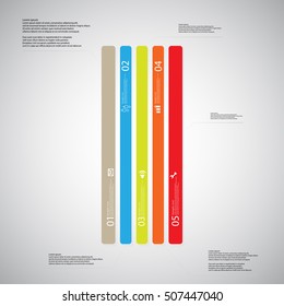 Illustration infographic template with shape of bar. Square shape vertically divided to five parts with various colors. Each part contains Lorem Ipsum text, number and sign. Background is light.