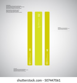 Illustration infographic template with shape of bar. Square shape vertically divided to three parts with green colors. Each part contains Lorem Ipsum text, number and sign. Background is light.