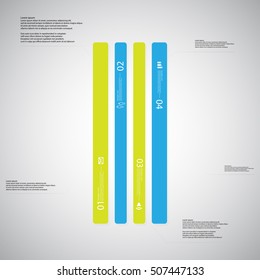 Illustration infographic template with shape of bar. Square shape vertically divided to four parts with various colors. Each part contains Lorem Ipsum text, number and sign. Background is light.
