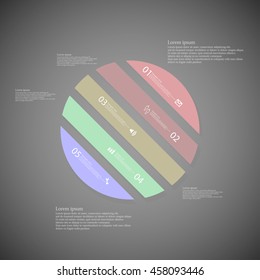 Illustration infographic template with shape of circle. Object askew divided to five parts with various color. Each part contains Lorem Ipsum text, number and sign. Background is dark.