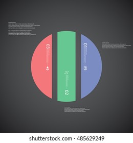 Illustration infographic template with shape of circle. Ring vertically divided to three parts with various colors. Each part contains Lorem Ipsum text, number and sign. Background is dark.