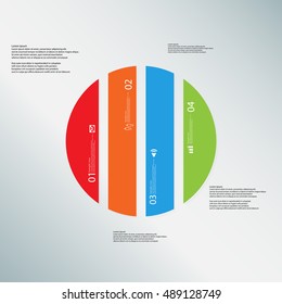 Illustration infographic template with shape of circle. Rounded shape vertically divided to four parts with various colors. Each part contains Lorem Ipsum text, number and sign. Background light-blue.