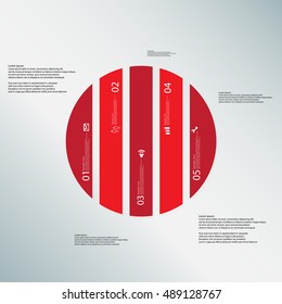 Illustration infographic template with shape of circle. Rounded shape vertically divided to five parts with red colors. Each part contains Lorem Ipsum text, number and sign. Background is light-blue.