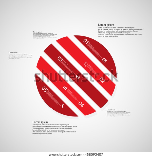Illustration\
infographic template with shape of circle. Object askew divided to\
five parts with red color. Each part contains Lorem Ipsum text,\
number and sign. Background is\
light.