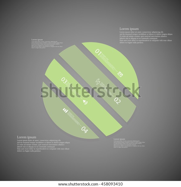 Illustration\
infographic template with shape of circle. Object askew divided to\
four parts with green color. Each part contains Lorem Ipsum text,\
number and sign. Background is\
dark.