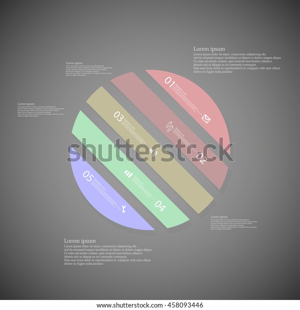 Illustration\
infographic template with shape of circle. Object askew divided to\
five parts with various color. Each part contains Lorem Ipsum text,\
number and sign. Background is\
dark.