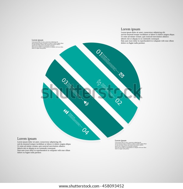 Illustration\
infographic template with shape of circle. Object askew divided to\
four parts with blue color. Each part contains Lorem Ipsum text,\
number and sign. Background is\
light.