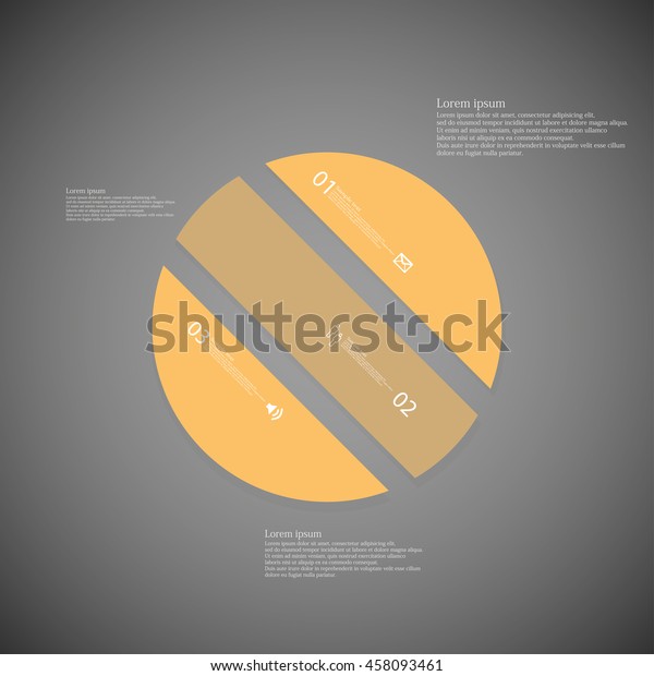 Illustration\
infographic template with shape of circle. Object askew divided to\
three parts with orange color. Each part contains Lorem Ipsum text,\
number and sign. Background is\
dark.