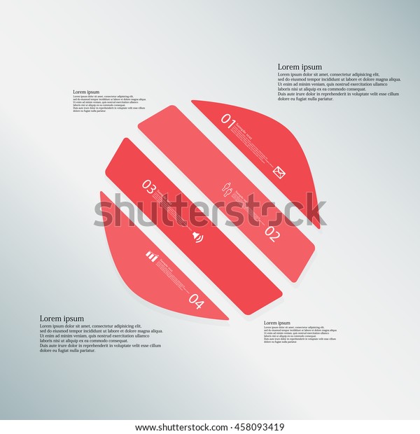 Illustration infographic template with shape of\
deformed circle. Object askew divided to four parts with red color.\
Each part contains Lorem Ipsum text, number and sign. Background is\
light blue.