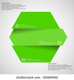 Illustration infographic template with shape of hexagon which is cut or divided to three separate parts with green colors. Each piece contains unique number and space for text. All is on light.