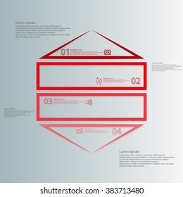 Illustration infographic template with shape of hexagon divided to four red parts created just by outline. Each part contains sample text, simple sign and unique number. Background is blue.