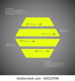 Illustration infographic template with shape of hexagon. Object horizontally divided to four parts with green color. Each part contains Lorem Ipsum text, number and simple sign. Background is dark.