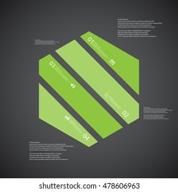 Illustration infographic template with shape of hexagon. Object askew divided to four parts with green colors. Each part contains Lorem Ipsum text, number and sign. Background is dark.