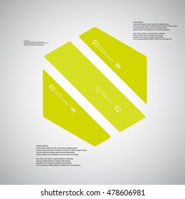 Illustration infographic template with shape of hexagon. Object askew divided to three parts with green colors. Each part contains Lorem Ipsum text, number and sign. Background is light.