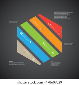 Illustration infographic template with shape of hexagon. Object askew divided to five parts with various colors. Each part contains Lorem Ipsum text, number and sign. Background is dark.