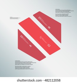 Illustration infographic template with shape of hexagon. Object askew divided to three parts with red colors. Each part contains Lorem Ipsum text, number and sign. Background is light-blue.