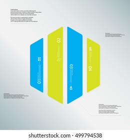 Illustration infographic template with shape of hexagon. Hexagonal shape vertically divided to four parts with various colors. Each part contains Lorem Ipsum text, number and sign. Background is light