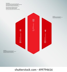 Plantilla infográfica ilustrativa con forma de hexágono. Forma hexagonal dividida verticalmente en tres partes con colores rojos. Cada parte contiene texto, número y signo de Lorem Ipsum. El fondo es ligero.