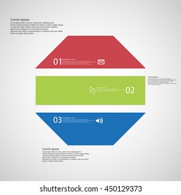 Illustration infographic template with shape of octagon. Object horizontally divided to three parts with various colors. Each part contains Lorem Ipsum text, number and simple sign Background is light