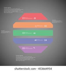 Illustration infographic template with shape of octagon. Object horizontally divided to five parts with various color. Each part contains Lorem Ipsum text, number and sign. Background is dark.