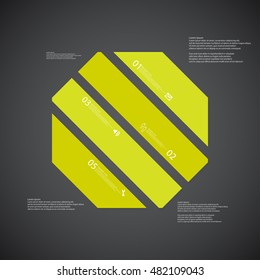 Illustration infographic template with shape of octagon. Object askew divided to four parts with green colors. Each part contains Lorem Ipsum text, number and sign. Background is dark.
