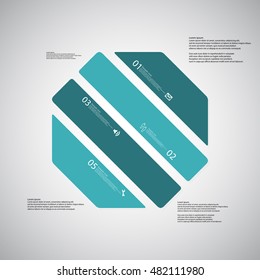 Illustration infographic template with shape of octagon. Object askew divided to four parts with blue colors. Each part contains Lorem Ipsum text, number and sign. Background is light.