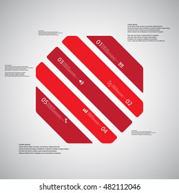 Illustration infographic template with shape of octagon. Object askew divided to five parts with red colors. Each part contains Lorem Ipsum text, number and sign. Background is light.