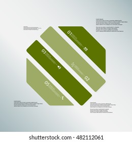 Illustration infographic template with shape of octagon. Object askew divided to four parts with green colors. Each part contains Lorem Ipsum text, number and sign. Background is light-blue.