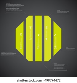 Illustration infographic template with shape of octagon. Octagonal shape vertically divided to five parts with green colors. Each part contains Lorem Ipsum text, number and sign. Background is dark.