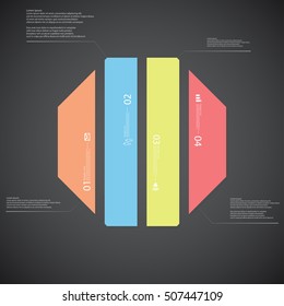 Illustration infographic template with shape of octagon. Octagonal shape vertically divided to four parts with various colors. Each part contains Lorem Ipsum text, number and sign. Background is dark.
