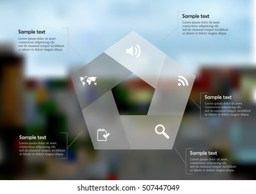 Illustration infographic template with shape of pentagon consists of five parts on background created from photo of street with crossroad in town. Graphic contains sample text and signs.