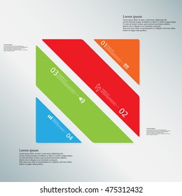 Illustration infographic template with shape of rectangle. Object askew divided to four parts with various colors. Each part contains Lorem Ipsum text, number and sign. Background is light-blue.