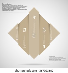 Illustration infographic template with shape of rhombus vertically divided to five light brown parts. Each part has own number, simple sign and space for customer's text. Background is light.